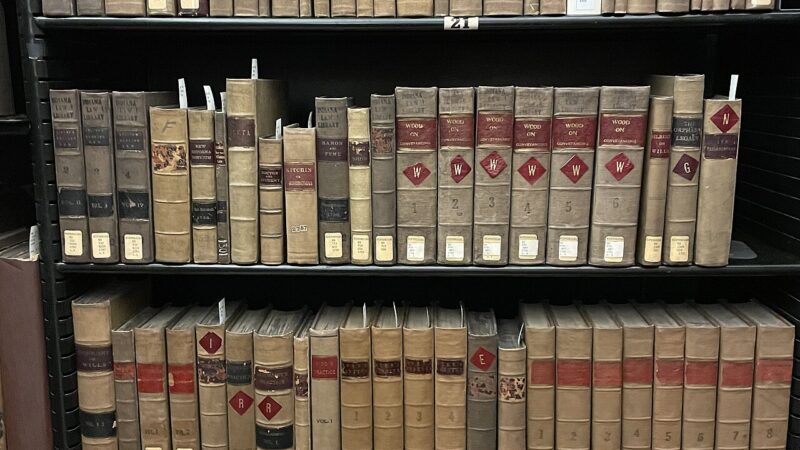 Rare legal volumes on a shelf in the Indiana Supreme Court Law Library