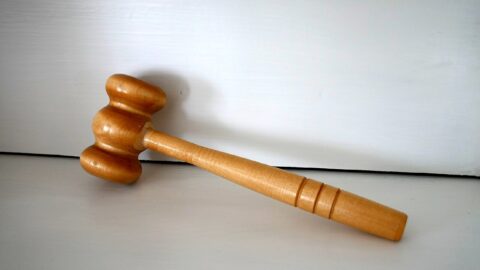 A wooden judge gavel resting on a sounding block